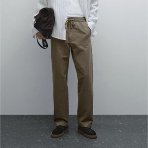 Massimo Dutti Cotton Blend Jogger Trousers Medium Khaki Beige Straight Fit